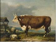 James Ward Hereford Bull with Sheep by a Haystack oil on canvas